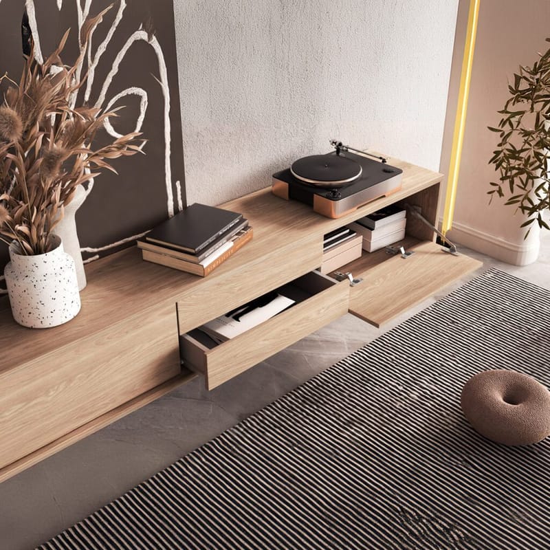 Seinälle kiinnitettävä TV-taso Frida 2 läppää ja 2 laatikkoa ylhäällä - Öljytty tammi - Huonekalut - TV- & Mediakalusteet - Tv taso & Mediataso