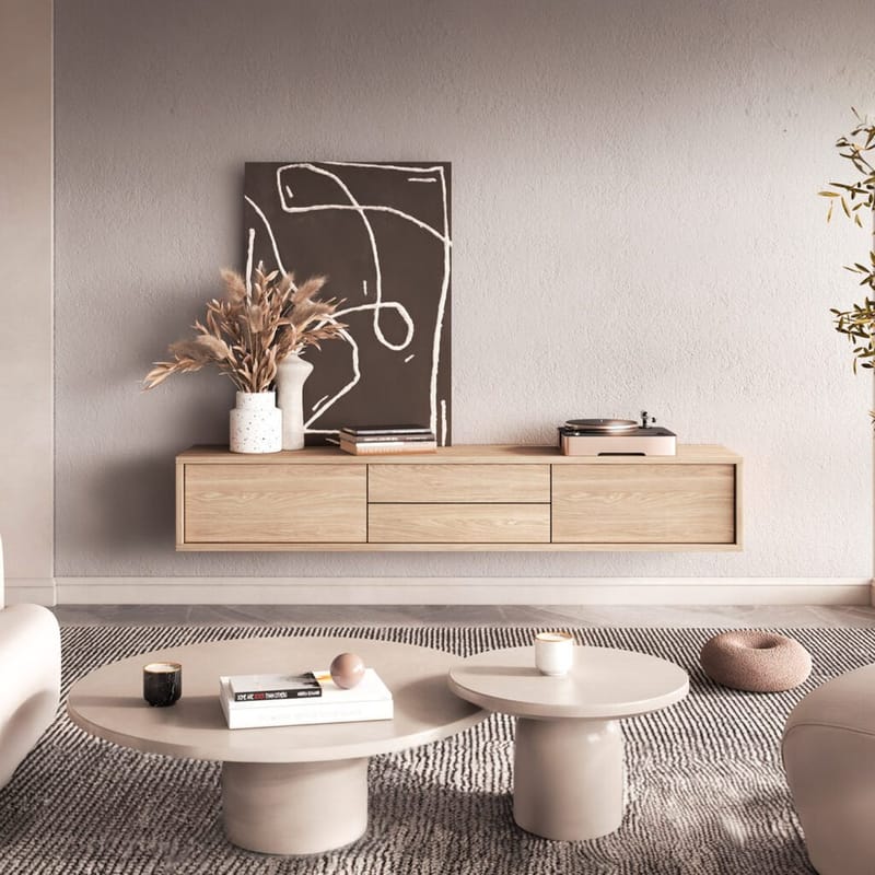 Seinälle kiinnitettävä TV-taso Frida 2 läppää ja 2 laatikkoa ylhäällä - Öljytty tammi - Huonekalut - TV- & Mediakalusteet - Tv taso & Mediataso