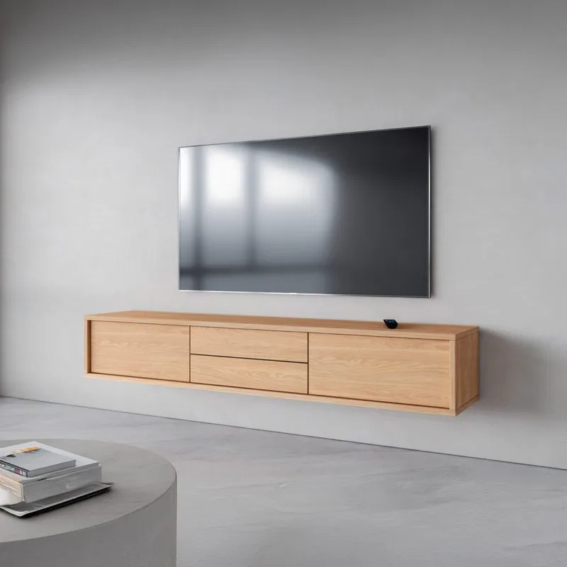 Seinälle kiinnitettävä TV-taso Frida 2 läppää ja 2 laatikkoa ylhäällä - Öljytty tammi - Huonekalut - TV- & Mediakalusteet - Tv taso & Mediataso