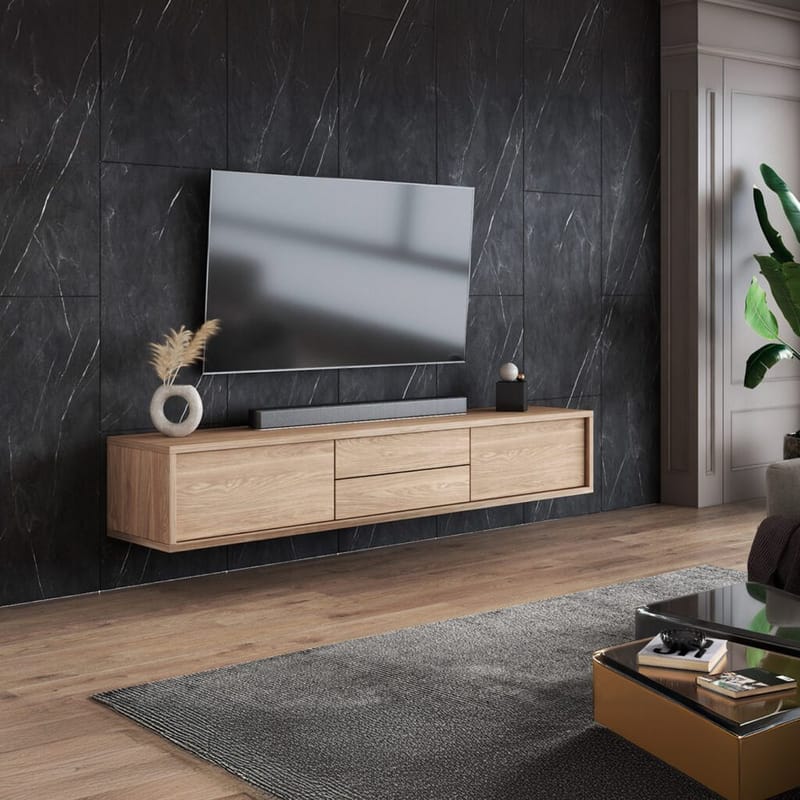 Seinälle kiinnitettävä TV-taso Frida 2 läppää ja 2 laatikkoa ylhäällä - Öljytty tammi - Huonekalut - TV- & Mediakalusteet - Tv taso & Mediataso