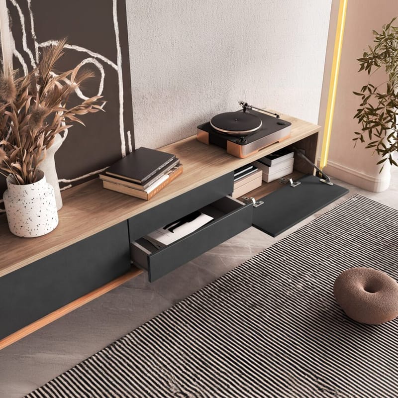 Seinälle kiinnitettävä TV-taso Frida 2 läppää ja 2 laatikkoa ylhäällä - Antrasiitti - Huonekalut - TV- & Mediakalusteet - Tv taso & Mediataso