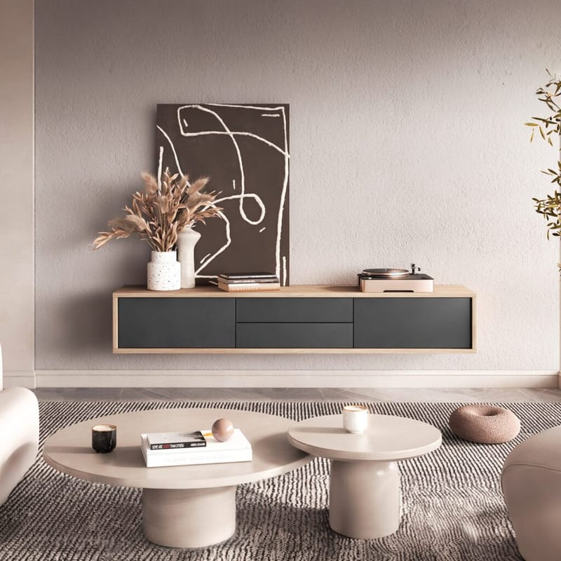 Seinälle kiinnitettävä TV-taso Frida 2 läppää ja 2 laatikkoa ylhäällä - Antrasiitti - Huonekalut - TV- & Mediakalusteet - Tv taso & Mediataso