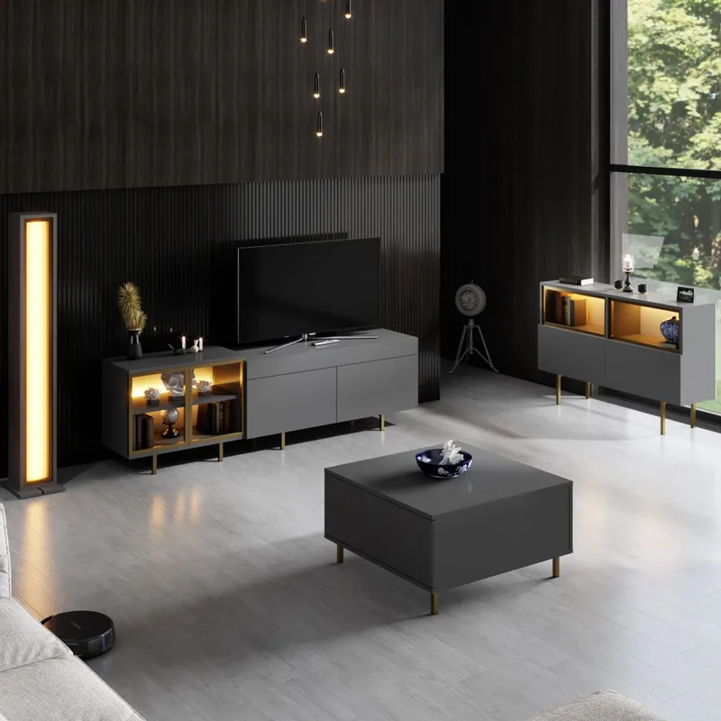 Seyring TV-taso 190 cm - Antrasiitti ja kulta - Huonekalut - TV- & Mediakalusteet - Tv taso & Mediataso