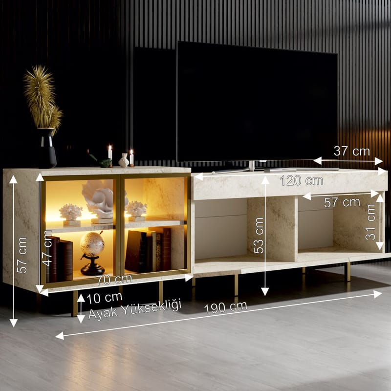 Seyring TV-taso 190 cm - Travertiini ja kulta - Huonekalut - TV- & Mediakalusteet - Tv taso & Mediataso