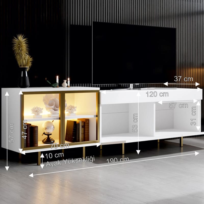 Seyring TV-taso 190 cm - Valkoinen ja kulta - Huonekalut - TV- & Mediakalusteet - Tv taso & Mediataso