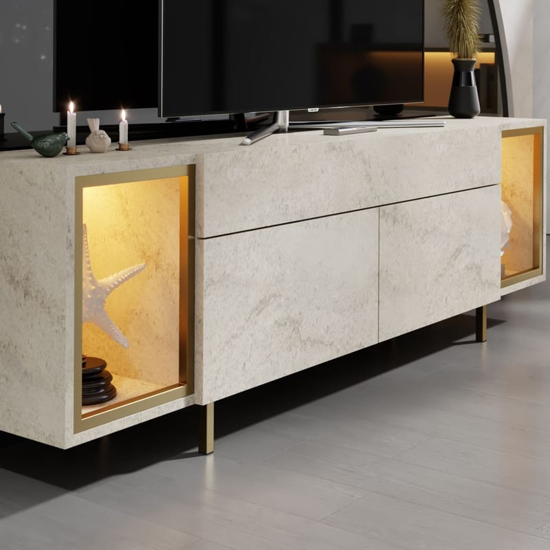 Sosan TV-taso 180x55x32 cm - Travertiini ja kulta - Huonekalut - TV- & Mediakalusteet - Tv taso & Mediataso