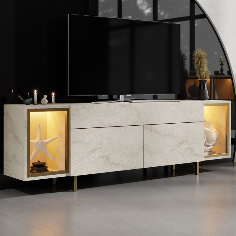 Sosan TV-taso 180x55x32 cm - Travertiini ja kulta - Huonekalut - TV- & Mediakalusteet - Tv taso & Mediataso