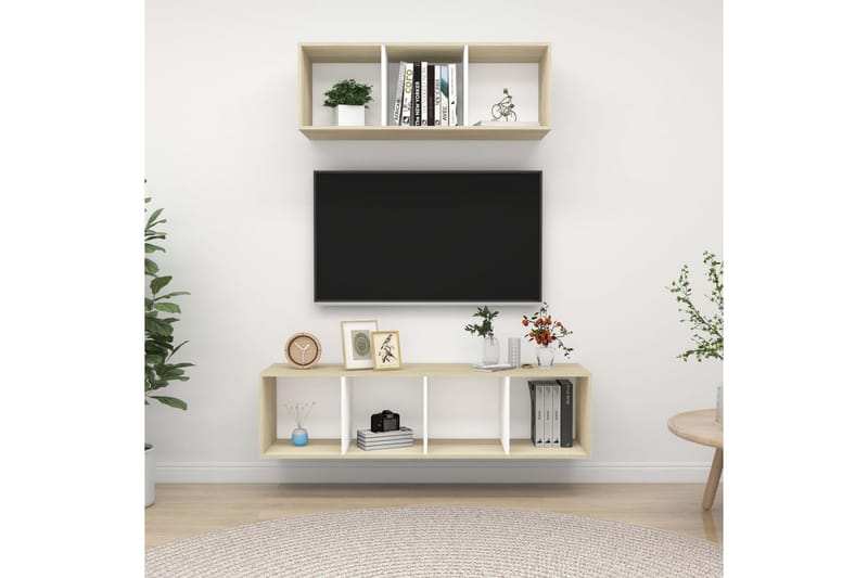 2-osainen TV-kaappisarja valkoinen ja Sonoma-tammi lastulevy - Beige - Huonekalut - TV- & Mediakalusteet - TV-kaappi