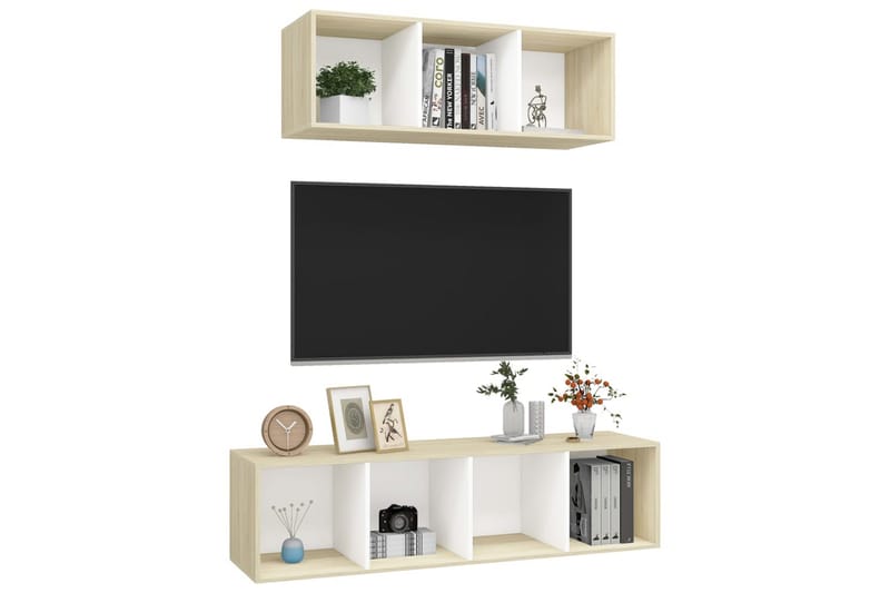 2-osainen TV-kaappisarja valkoinen ja Sonoma-tammi lastulevy - Beige - Huonekalut - TV- & Mediakalusteet - TV-kaappi