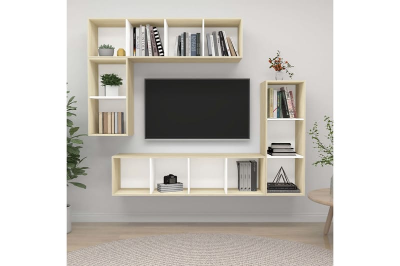 4-osainen TV-kaappisarja valkoinen ja Sonoma-tammi lastulevy - Beige - Huonekalut - TV- & Mediakalusteet - TV-kaappi