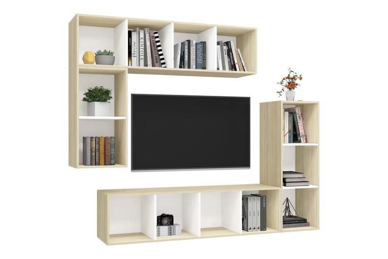 4-osainen TV-kaappisarja valkoinen ja Sonoma-tammi lastulevy - Beige - Huonekalut - TV- & Mediakalusteet - TV-kaappi