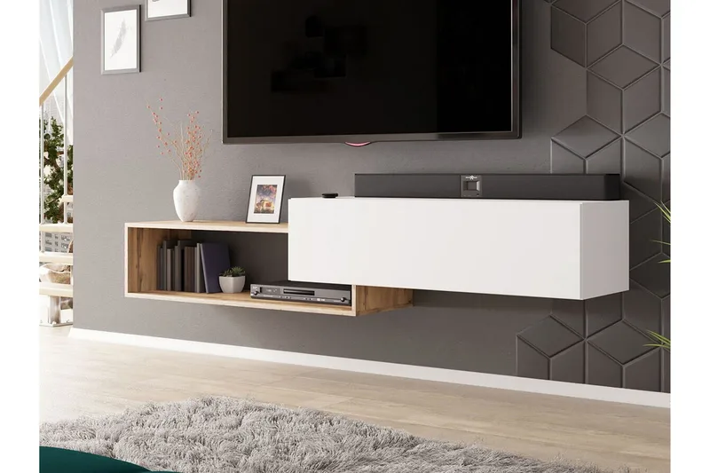 Carbost seinäkiinnitettävä tv-taso 210 cm säilytyksellä tammi - Valkoinen - Huonekalut - TV- & Mediakalusteet - Tv taso & Mediataso