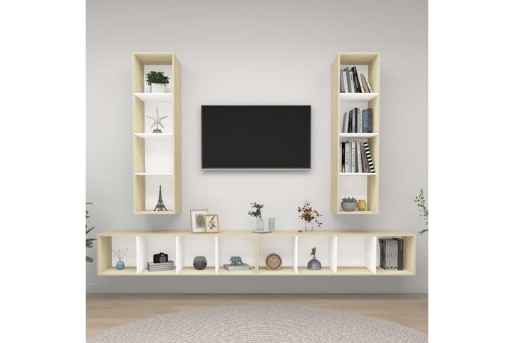Seinäkiinnitettävät TV-tasot 4 kpl valk./Sonoma-tammi - Beige - TV-kaappi