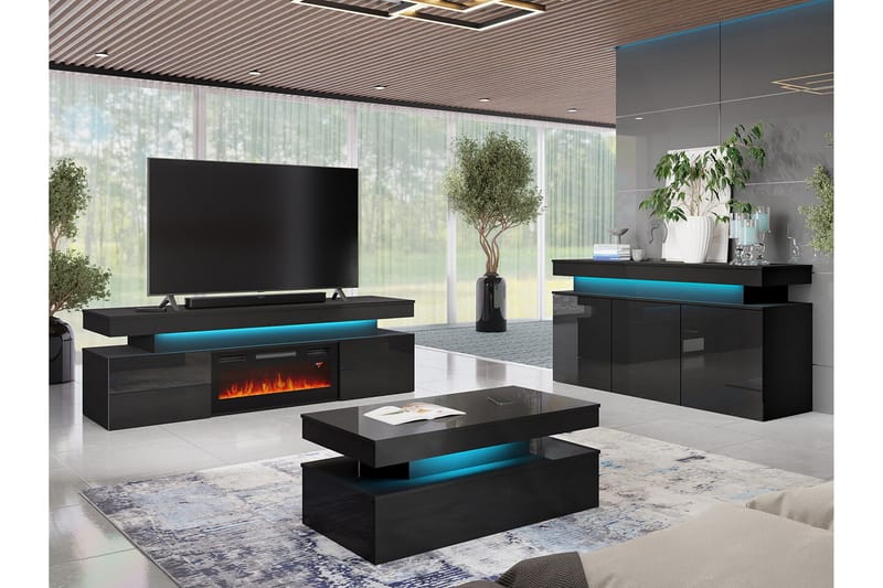 TV-taso Glenndale  säilytystilalla + LED-kiuas + Valaistus 190 cm - Musta - Huonekalut - TV- & Mediakalusteet - Tv taso & Mediataso