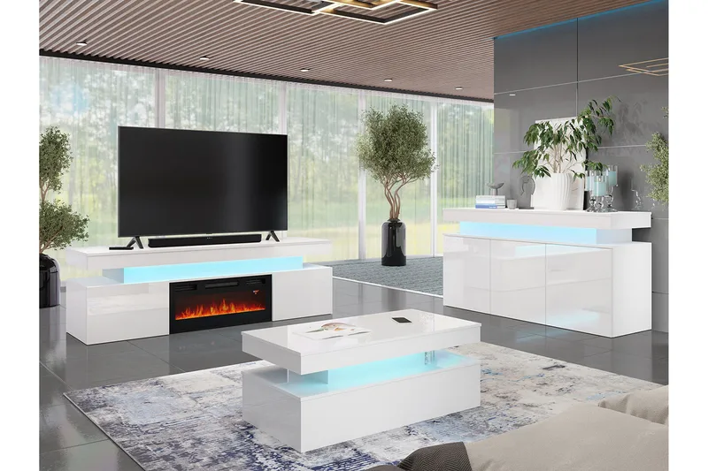 TV taso Glenndale säilytystilalla + LED-kiuas + Valaistus 190 cm - Valkoinen - Huonekalut - TV- & Mediakalusteet - Tv taso & Mediataso