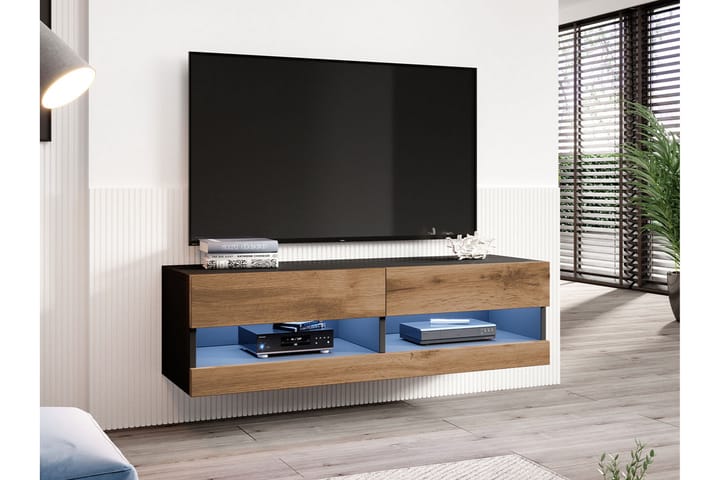TV-taso Veria 180 cm Valkoinen LED - Luonnonväri/Musta - TV-kaappi