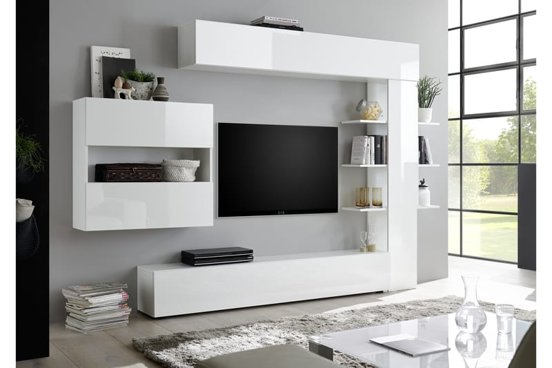 Seinäkokonaisuus Selvena 295 cm Hyllyllä - Valkoinen - Huonekalut - TV- & Mediakalusteet - TV-kalustepaketti
