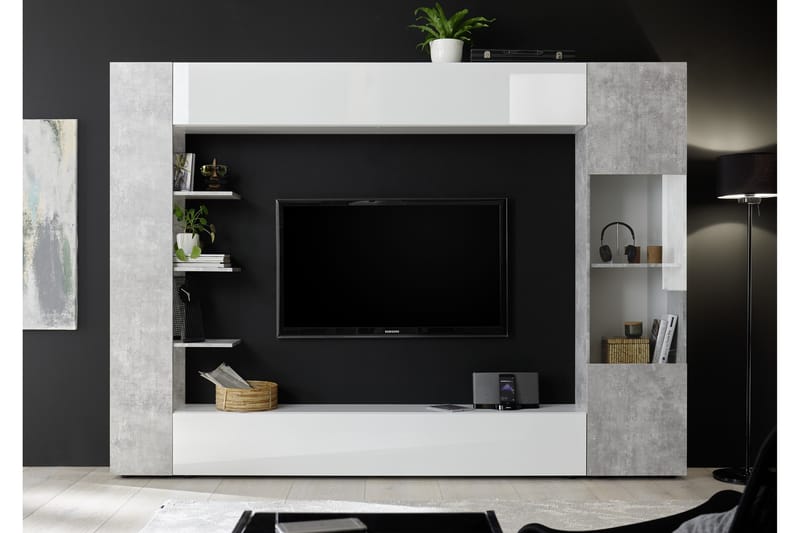 Seinäkokonaisuus Selvena 295 cm - Valkoinen/Harmaa - Huonekalut - TV- & Mediakalusteet - TV-kalustepaketti
