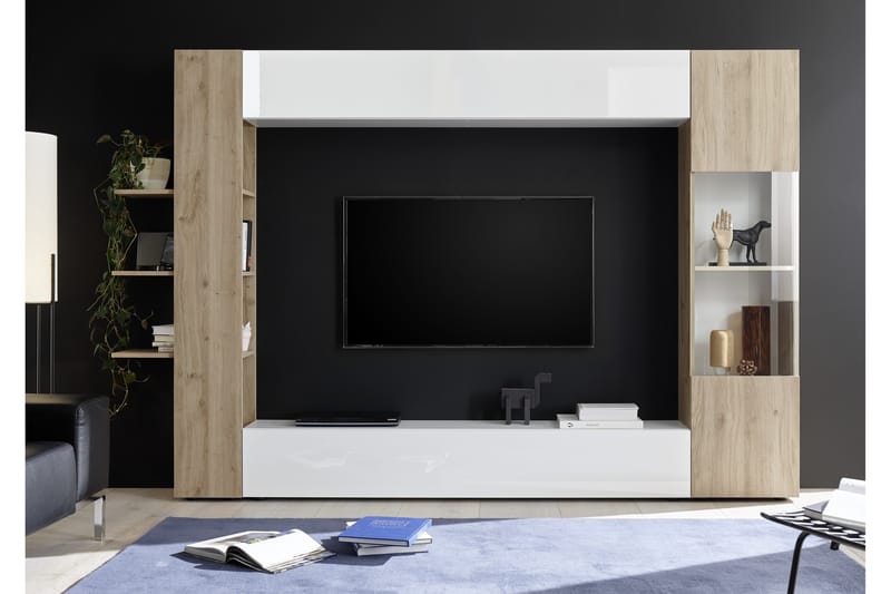 Seinäkokonaisuus Selvena 295 cm - Valkoinen/Puu - Huonekalut - TV- & Mediakalusteet - TV-kalustepaketti