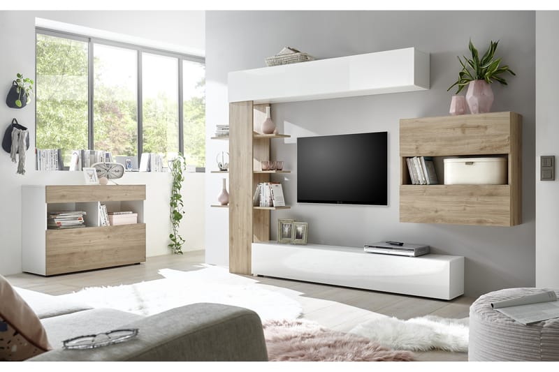 Seinäkokonaisuus Selvena 295 cm - Valkoinen/Puu/L.väri - Huonekalut - TV- & Mediakalusteet - TV-kalustepaketti