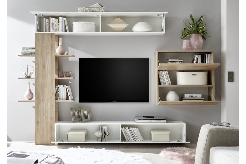 Seinäkokonaisuus Selvena 295 cm - Valkoinen/Puu/L.väri - Huonekalut - TV- & Mediakalusteet - TV-kalustepaketti