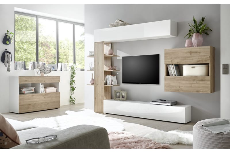 Seinäkokonaisuus Selvena 295 cm - Valkoinen/Puu/L.väri - Huonekalut - TV- & Mediakalusteet - TV-kalustepaketti