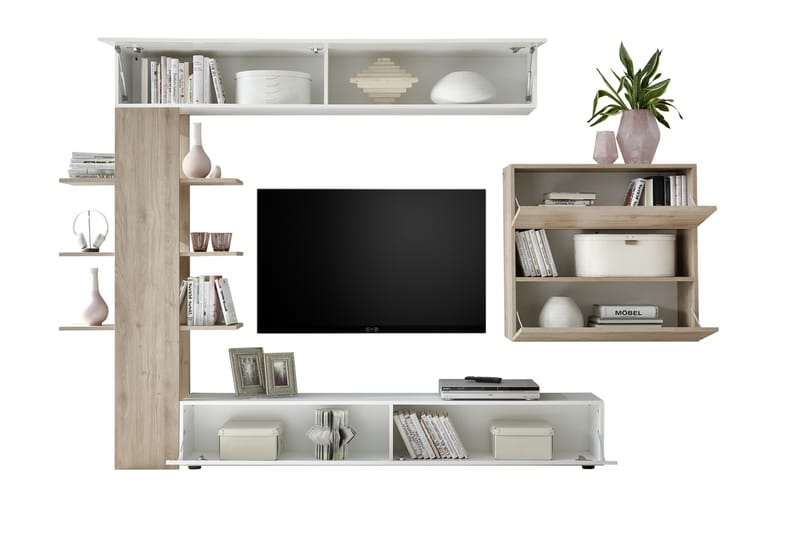 Seinäkokonaisuus Selvena 295 cm - Valkoinen/Puu/L.väri - Huonekalut - TV- & Mediakalusteet - TV-kalustepaketti