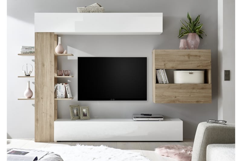 Seinäkokonaisuus Selvena 295 cm - Valkoinen/Puu/L.väri - Huonekalut - TV- & Mediakalusteet - TV-kalustepaketti