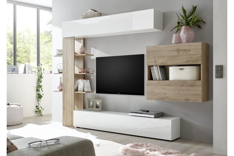 Seinäkokonaisuus Selvena 295 cm - Valkoinen/Puu/L.väri - Huonekalut - TV- & Mediakalusteet - TV-kalustepaketti