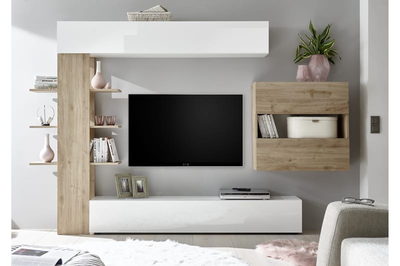 Seinäkokonaisuus Selvena 295 cm - Valkoinen/Puu/L.väri - Huonekalut - TV- & Mediakalusteet - TV-kalustepaketti