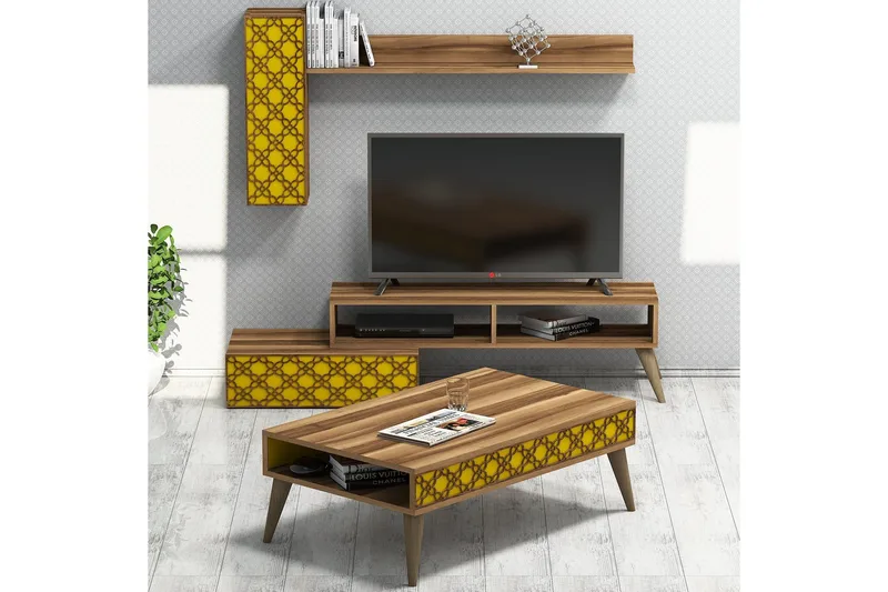 TV-kalustepaketti Amtorp 150 cm, Ruskea/Keltainen