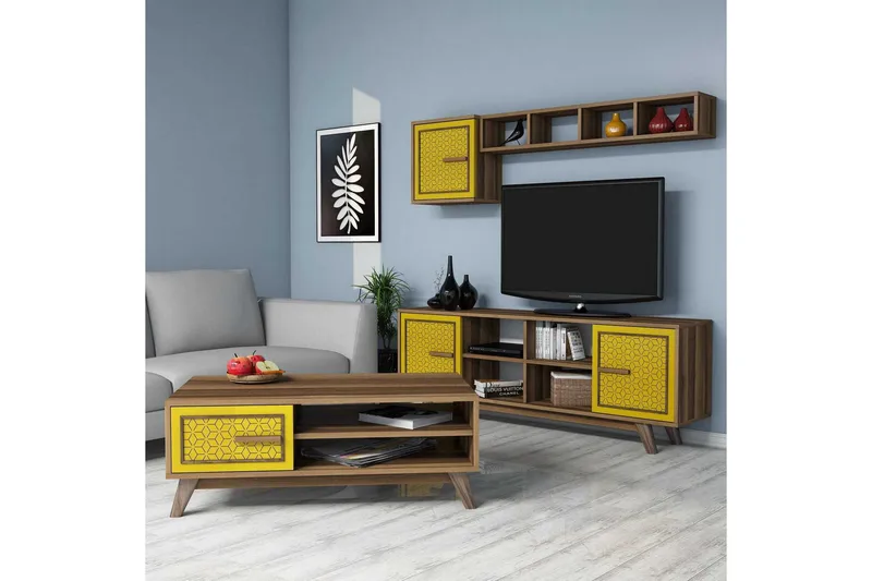 TV-kalustepaketti Amtorp 160 cm, Ruskea/Keltainen