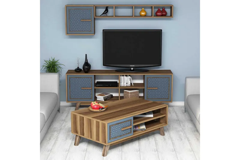 TV-kalustepaketti Amtorp 160 cm, Ruskea/Sininen