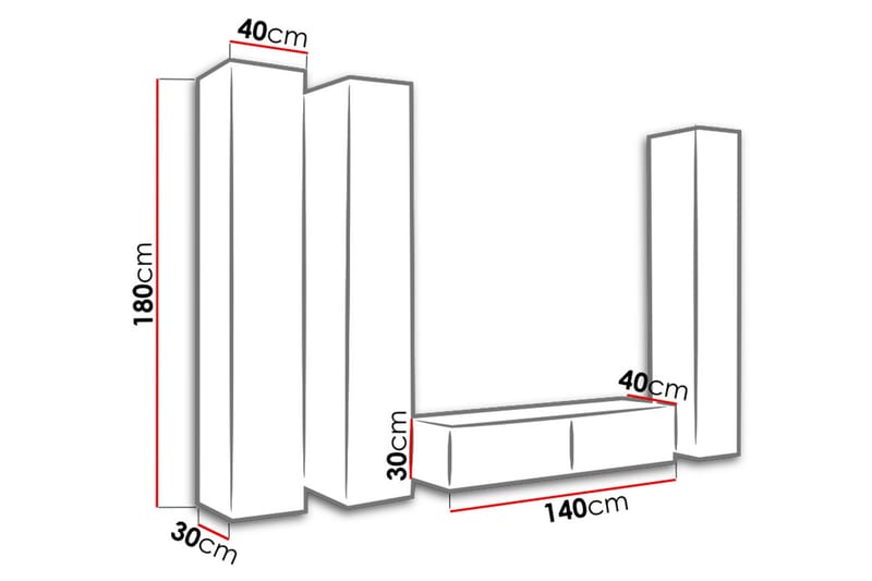 TV-kalustepaketti Vigo 260x40x180 cm - Musta/Harmaa/Valkoinen - TV-kalustepaketti