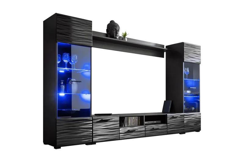 Vidara Moderni TV mediakaluste vitriinikaapilla ja LED-valaistuksella, Musta
