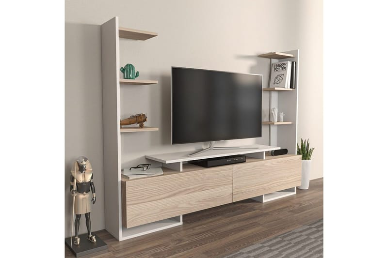 TV-taso Akdere Valkoinen / Tammi - Keskisävyinen puu/Valkoinen - Huonekalut - TV- & Mediakalusteet - Tv taso & Mediataso