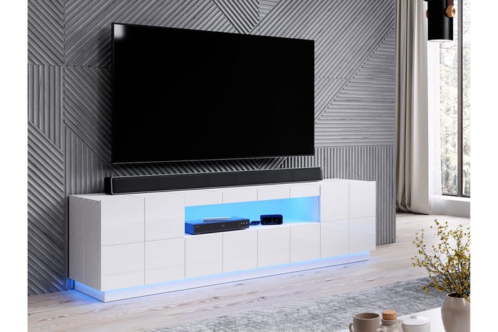 TV-taso Ebreon + LED Valkoinen - Valkoinen kiiltävä/Sininen LED - Tv taso & Mediataso