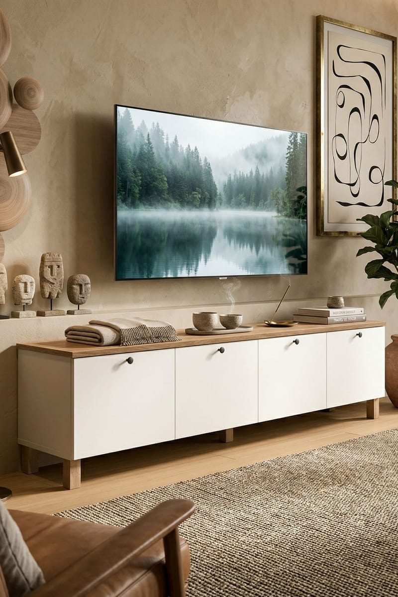 TV-taso Hanah Home Nord (180 x 45,6 x 34,1 cm) Valkotammi - Valkoinen ja tammi - Huonekalut - TV- & Mediakalusteet - Tv taso & Mediataso