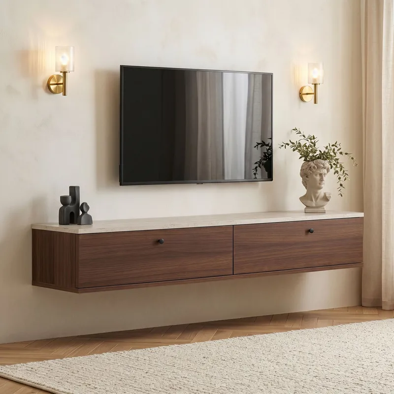 TV-taso Nordure Ligne (160 x 25 x 25 cm) Travertiini pähkinäpuu, Travertiini ja pähkinä