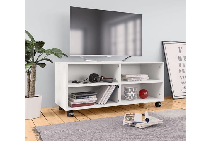 TV-taso rullapyörillä valkoinen 90x35x35 cm lastulevy - Valkoinen - Tv taso & Mediataso