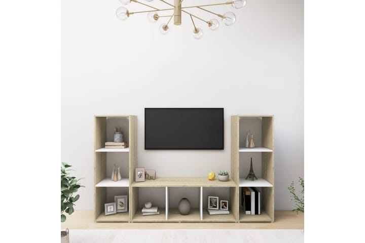 TV-tasot 3 kpl valkoinen/Sonoma-tammi 107x35x37 cm lastulevy - Beige - TV-kaappi