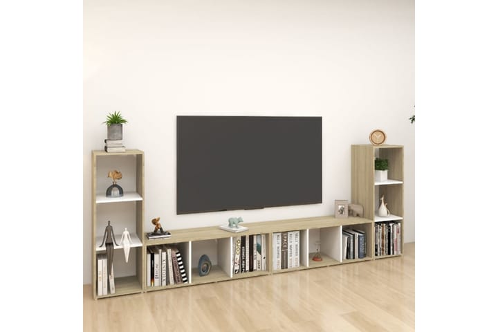 TV-tasot 4 kpl valkoinen/Sonoma-tammi 107x35x37 cm lastulevy - Beige - TV-kaappi