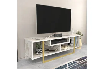 Andifli lattialla seisova tv-taso 120 cm säilytystilalla puusta, metallijalustalla ja kiven näköisellä pinnalla - Valkoinen - Huonekalut - TV- & Mediakalusteet - Tv taso & Mediataso