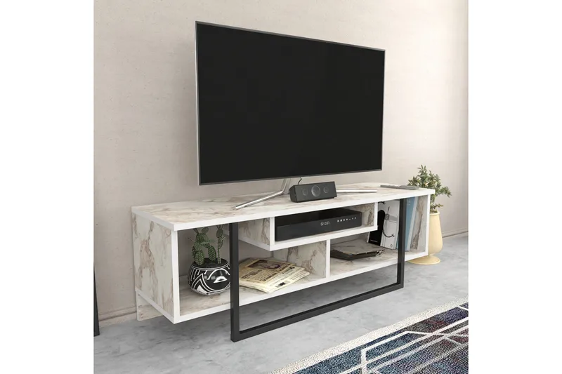 Andifli lattialla seisova tv-taso 120 cm säilytystilalla puuta metallirungolla - Valkoinen - Huonekalut - TV- & Mediakalusteet - Tv taso & Mediataso