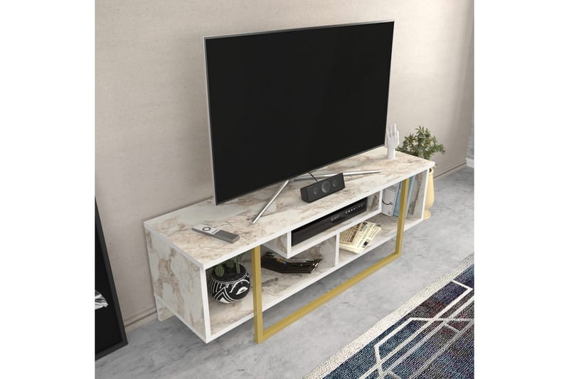 Andifli lattialla seisova tv-taso 120 cm säilytystilalla puusta, metallijalustalla ja kiven näköisellä pinnalla - Valkoinen - Huonekalut - TV- & Mediakalusteet - Tv taso & Mediataso