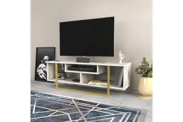 Andifli lattialla seisova tv-taso 120 cm säilytystilalla puusta, metallijalustalla ja kiven näköisellä pinnalla - Valkoinen - Huonekalut - TV- & Mediakalusteet - Tv taso & Mediataso