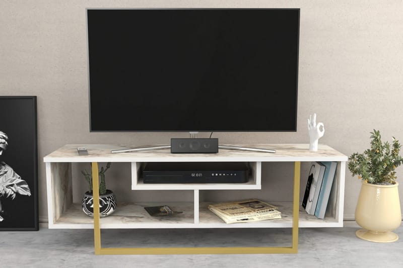 Andifli lattialla seisova tv-taso 120 cm säilytystilalla puusta, metallijalustalla ja kiven näköisellä pinnalla - Valkoinen - Huonekalut - TV- & Mediakalusteet - Tv taso & Mediataso