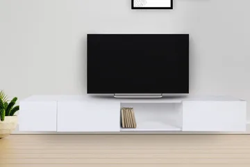 Bawinkel seinälle kiinnitettävä tv-taso 180 cm säilytyksellä maalattua puuta - Valkoinen - Huonekalut - TV- & Mediakalusteet - Tv taso & Mediataso