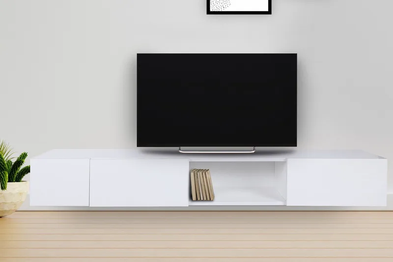 Bawinkel seinälle kiinnitettävä tv-taso 180 cm säilytyksellä maalattua puuta, Valkoinen