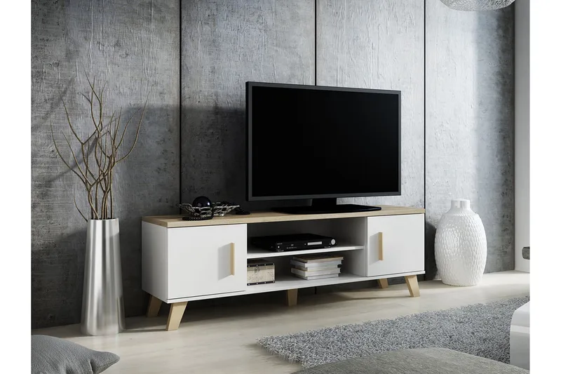 Kardos lattiaseisova tv-taso 160 cm säilytyksellä tammi, Valkoinen|Beige